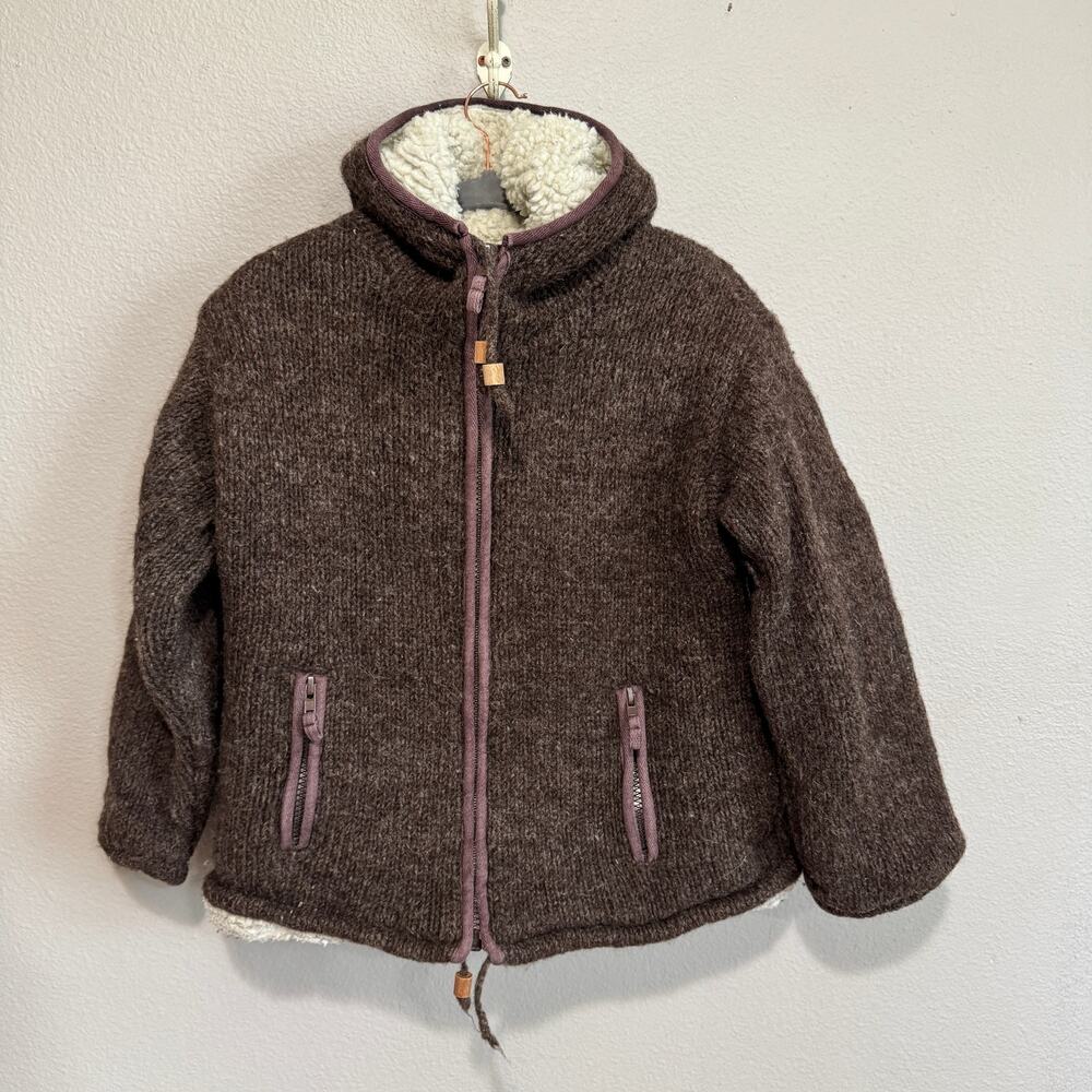 Pachamama Wool Jacket Sherpa Lined Hooded Peruvian Style Brown M/L Cozy